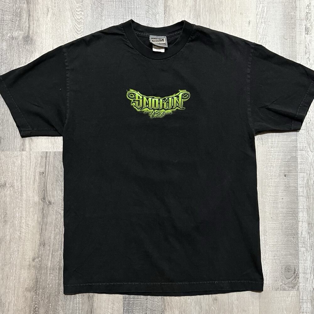 Vintage ODM Smokin 420 Black Pin Up Girl Green Flames Y2K Stoner Weed Shirt Sz L
